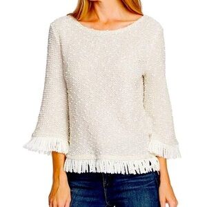 Vince Camuto Cream & Tan 3/4 Sleeves Scoop Neck Pullover Textured Fringed Top